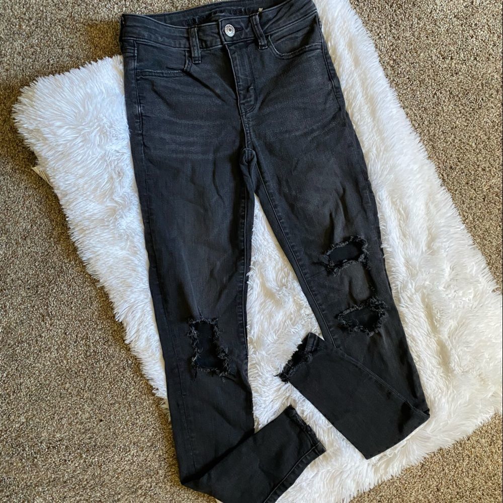 American Eagle Jeans Next Level Stretch‎ Distressed Black Size 2 X Long